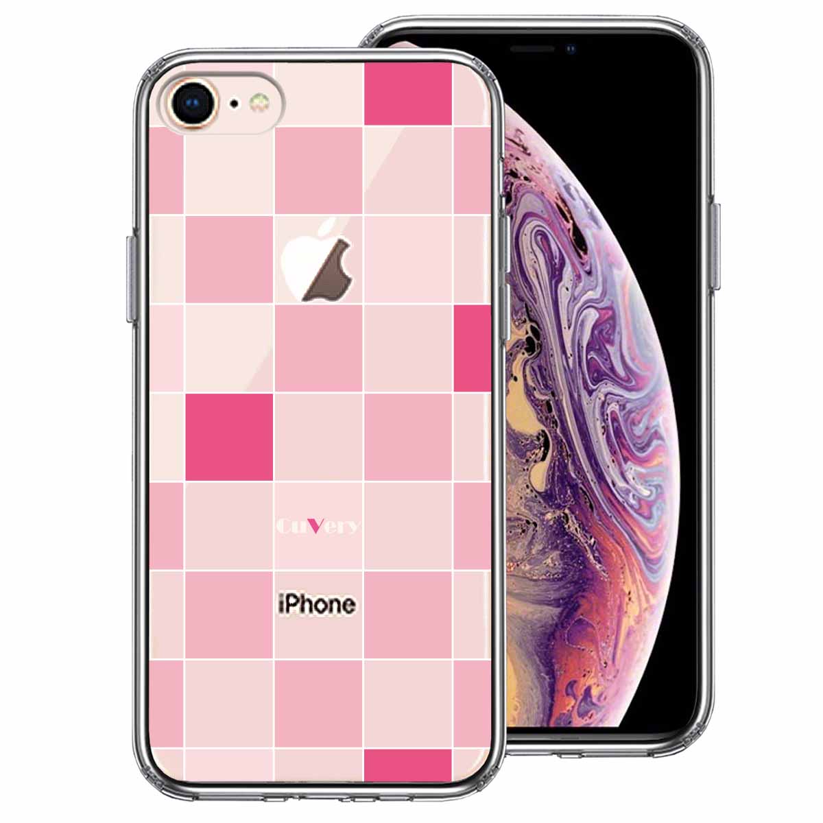 iPhone7 iPhone8 ケース クリア ブロック チェック ピンク スマホケース 側面ソフト 背面ハード ハイブリッド