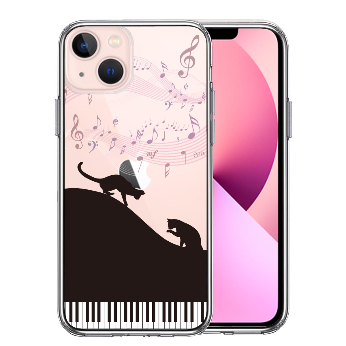 iPhone13mini ケース クリア ピアノ シルエット猫 ブラック スマホケース 側面ソフト 背面ハード ハイブリッド