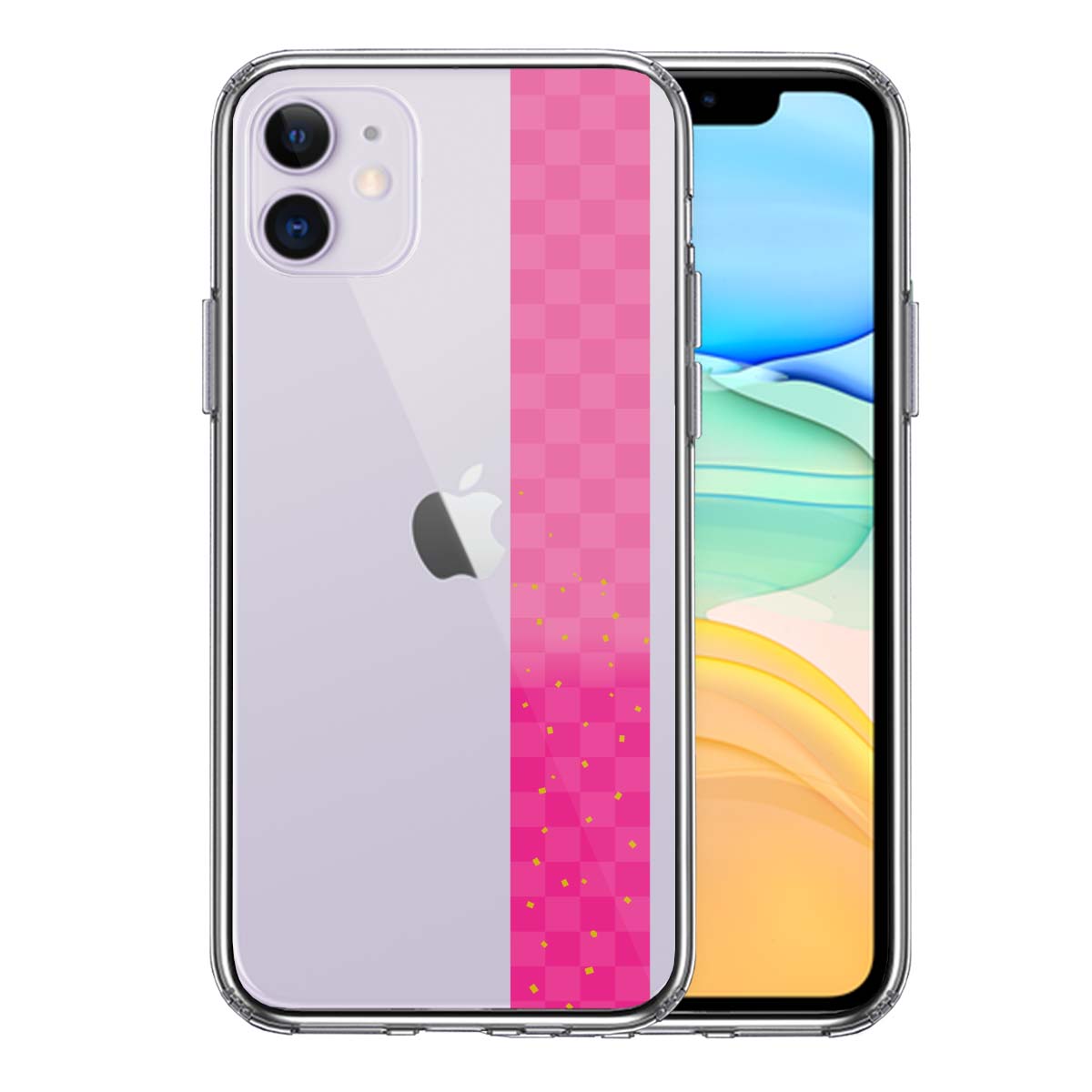 iPhone11 ケース クリア 和柄 帯 市松模様 ピンク 金箔 スマホケース 側面ソフト 背面ハード ハイブリッド