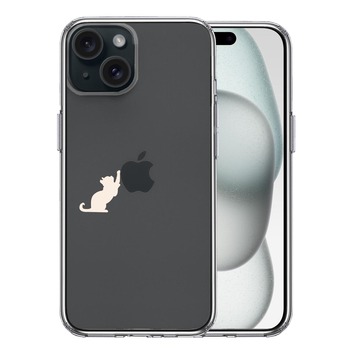 iPhone15Plus ケース クリア 猫 リンゴ キャッチ ホワイト スマホケース 側面ソフト 背面ハード ハイブリッド