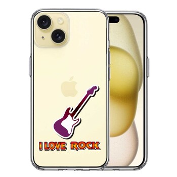 iPhone15Plus ケース クリア I LOVE ROCK ロック エレキギター スマホケース 側面ソフト 背面ハード ハイブリッド